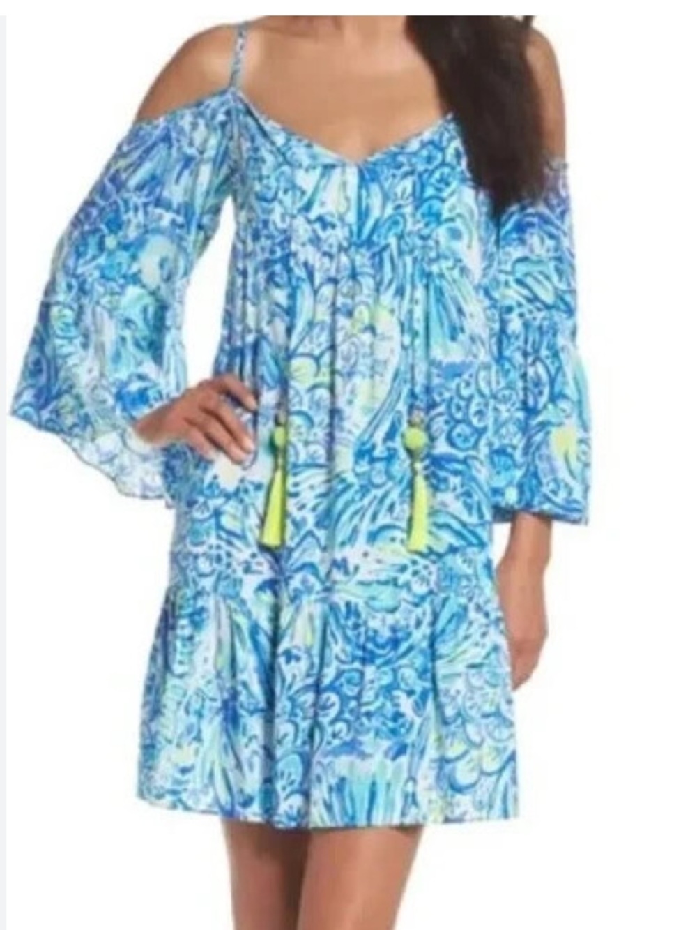 Lilly Pulitzer Alanna cold-shoulder dress in the vibrant "Blue Crush" print